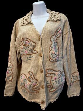Mandal Bay Bunny Rabbit Cardigan Sweater XL Embroidered
